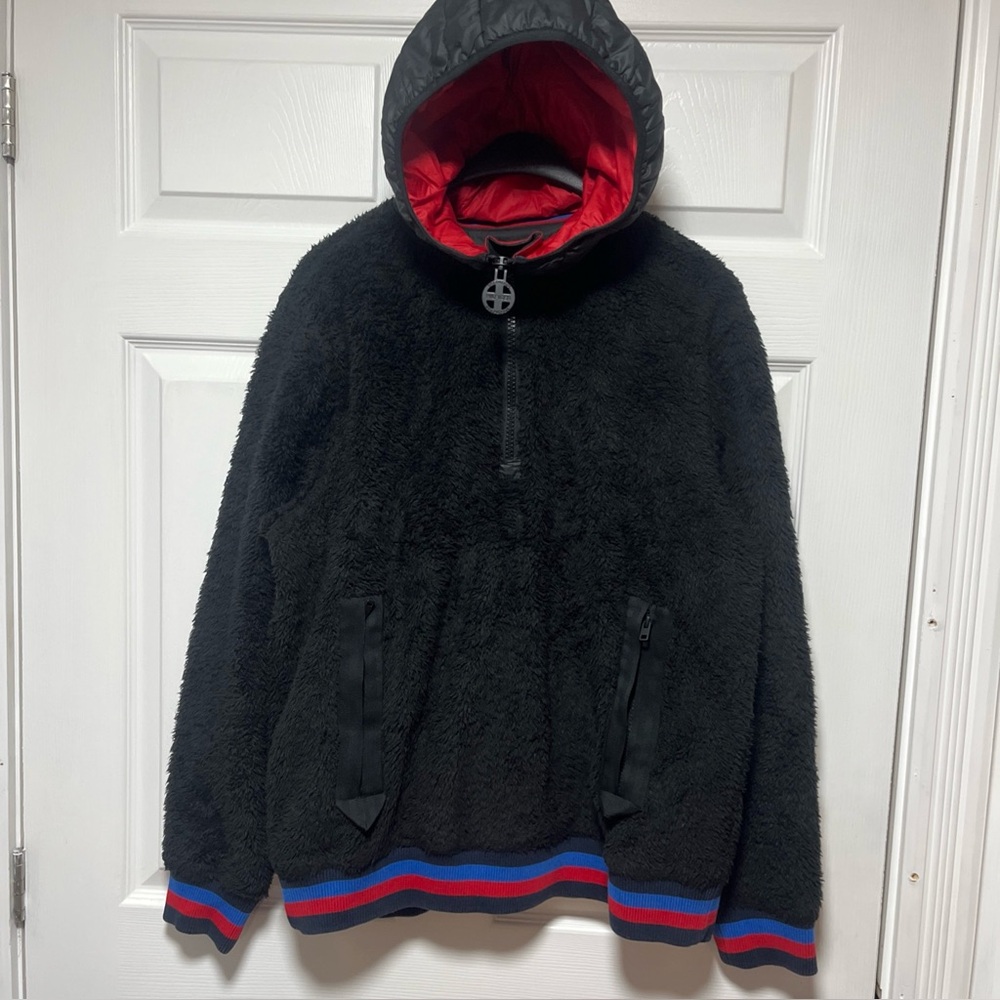 Tommy Hilfiger Ski Patrol Fleece Hoodie Jacket L Black Red Blue Retro Vintage